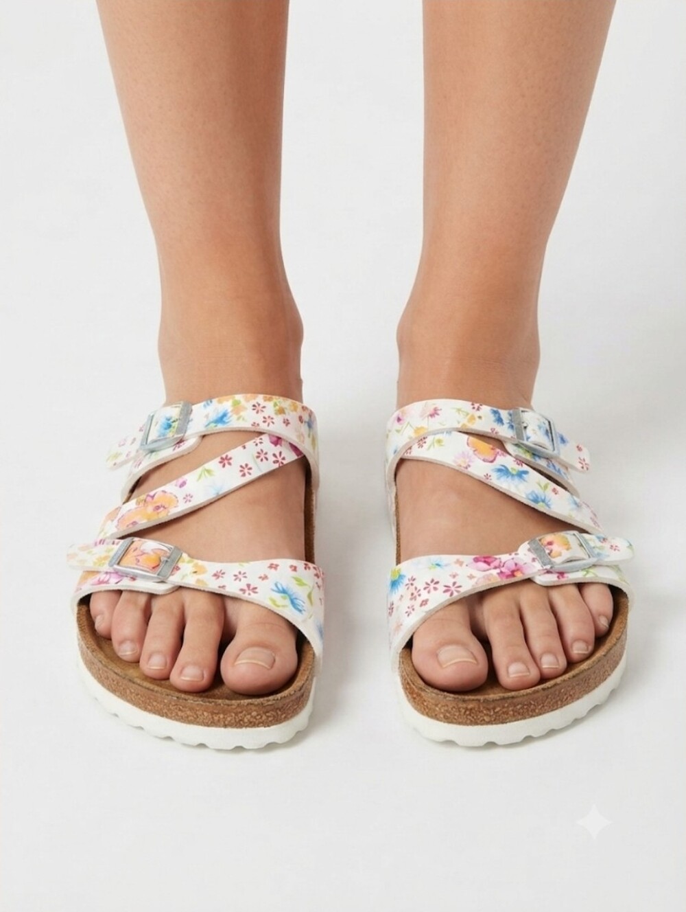 Birkenstock Floral Triple-Strap Cork Sandal - White Size 39